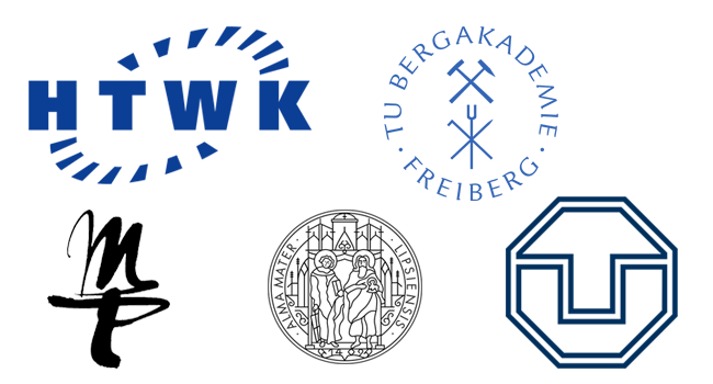 Logos von den Unis Sachsen: TU Dresden, Uni Leipzig, HMT Leipzig, HTWK Leipzig, TU Bergakademie Freiberg
